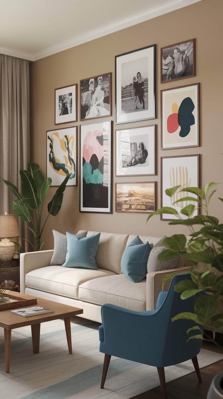 Cozy living room with a personalized gallery wall featuring various framed artworks, photographs, and a comfortable couch.