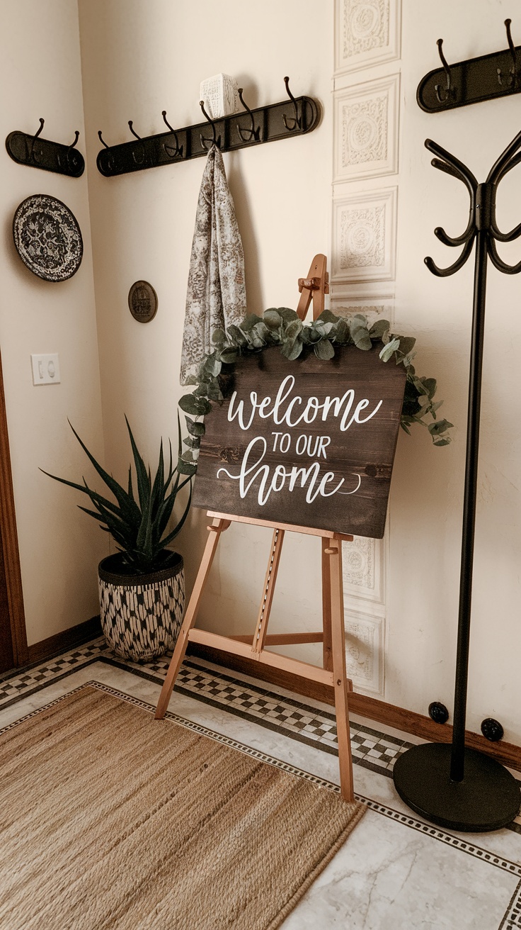 A cozy entryway featuring a personalized wooden welcome sign on an easel, greenery, and stylish decor.