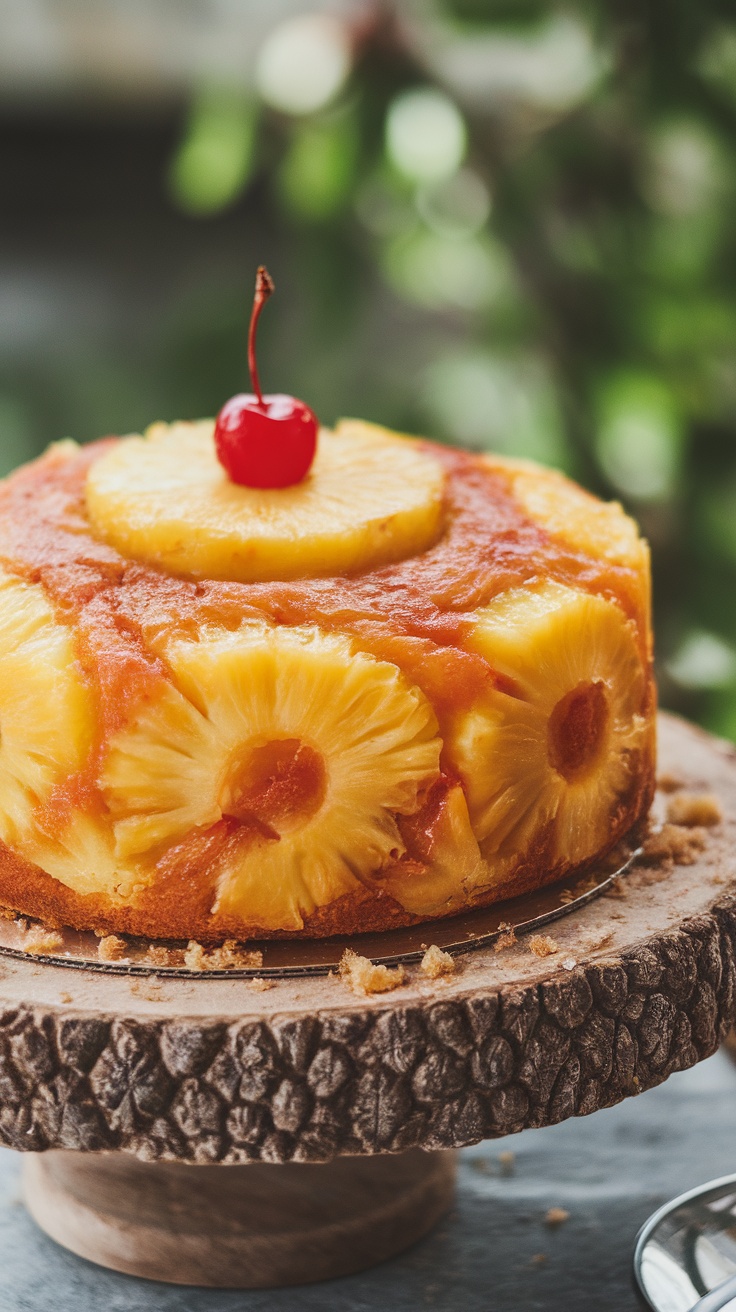 A delicious Pineapple Upside-Down Cake topped with maraschino cherries.