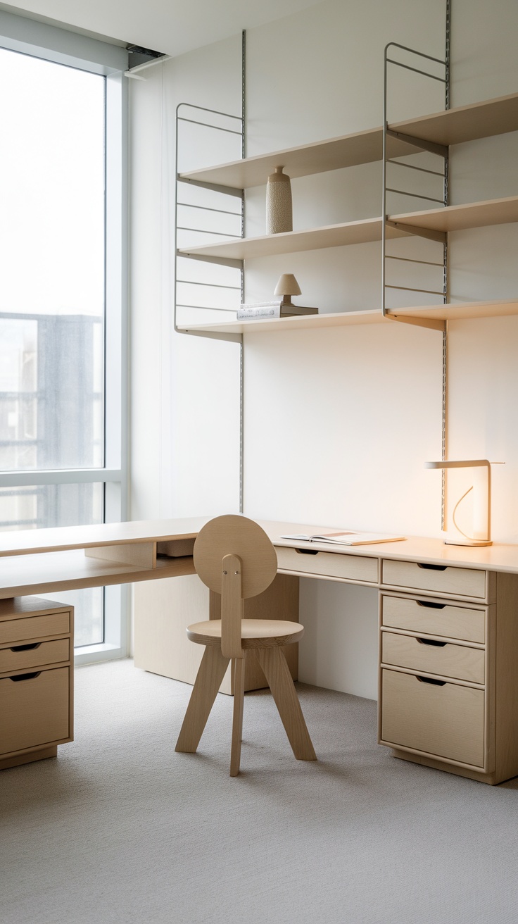 Minimalist workspace with a wooden desk and chair, featuring shelves and simple decor