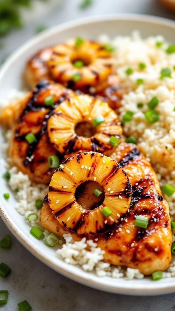 Plate of grilled chicken with pineapple rings, rice, and green onions