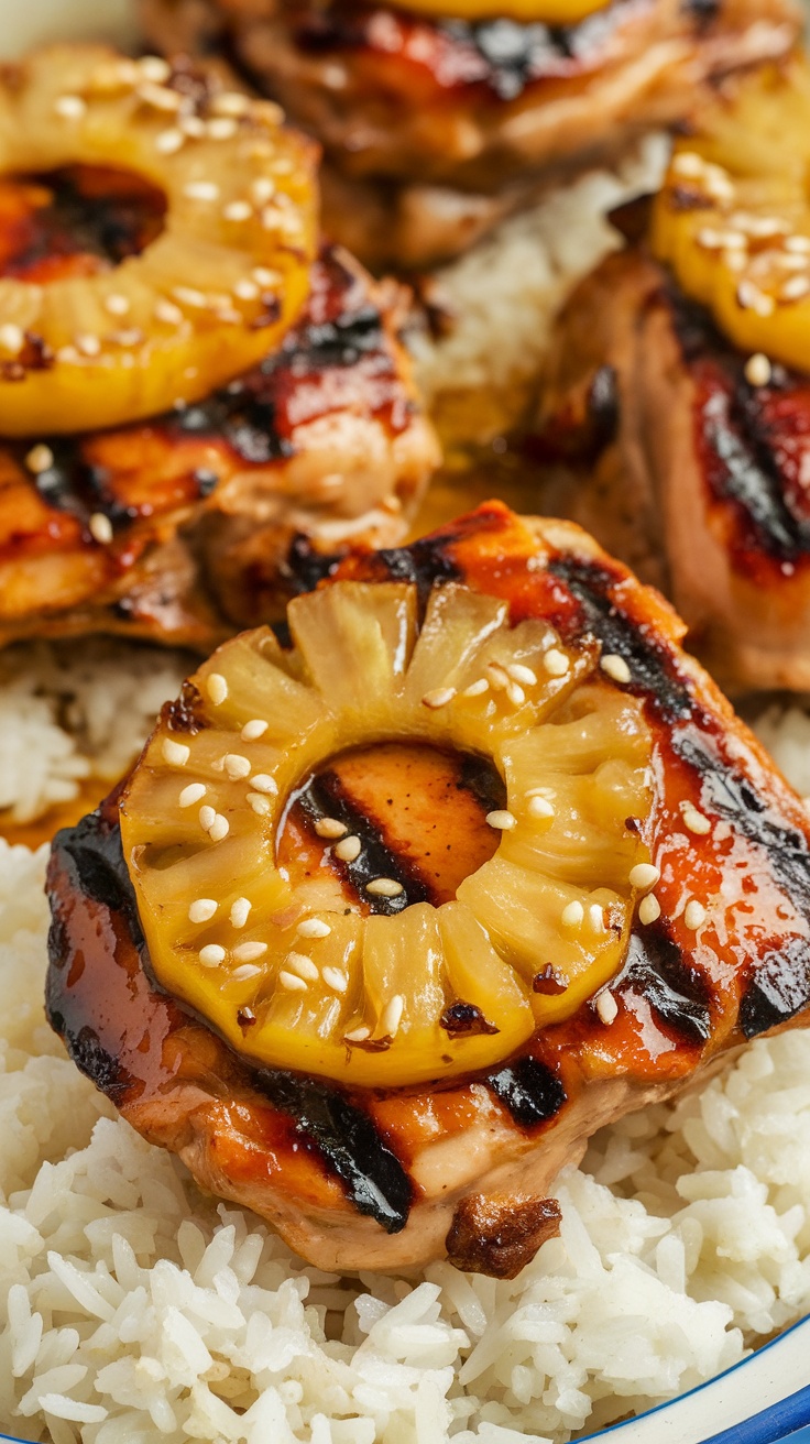 Grilled chicken with pineapple rings on a bed of rice