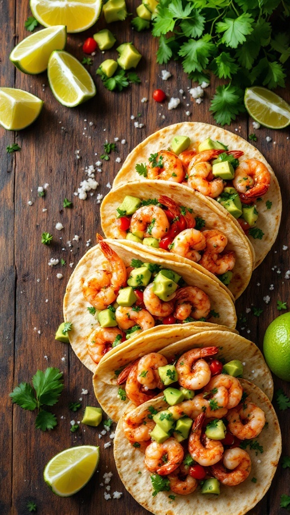 Quick shrimp tacos with avocado salsa on a wooden table