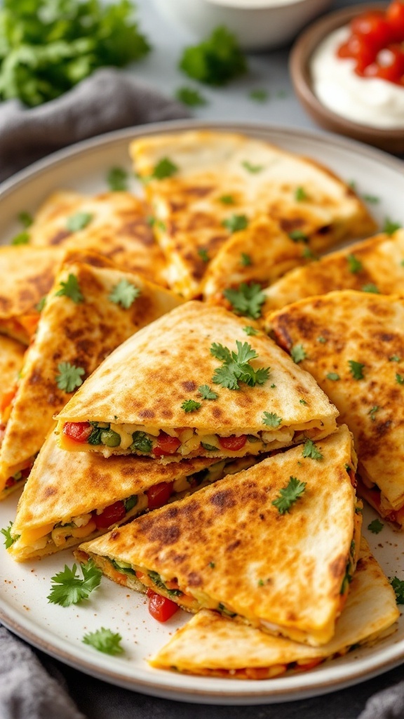 Plate of crispy vegetable quesadillas garnished with cilantro