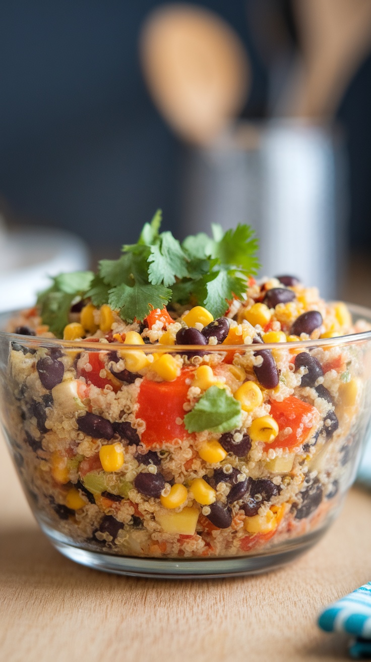 A vibrant quinoa salad with black beans, corn, and colorful vegetables garnished with cilantro.