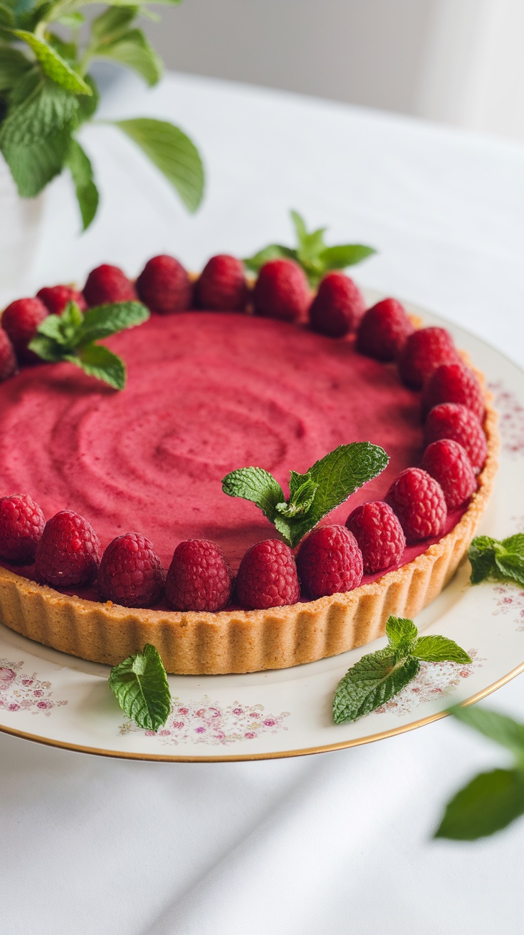 A beautifully arranged Raspberry Almond Tart with fresh raspberries and mint leaves on a decorative plate.
