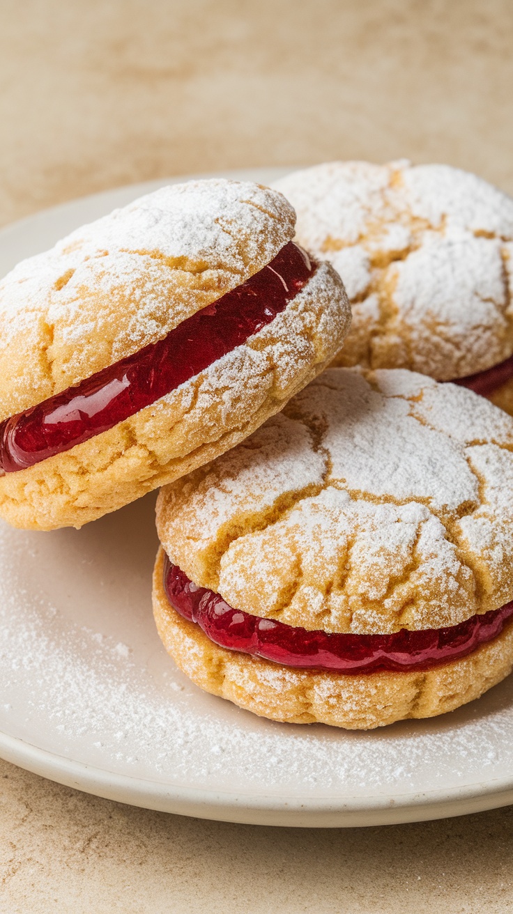 Three raspberry jam sandwich cookies dusted with powdered sugar