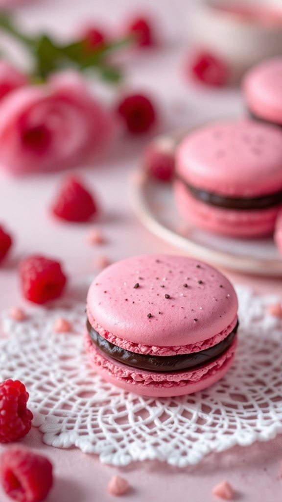 Delicious raspberry macarons with dark chocolate ganache on a lace doily.