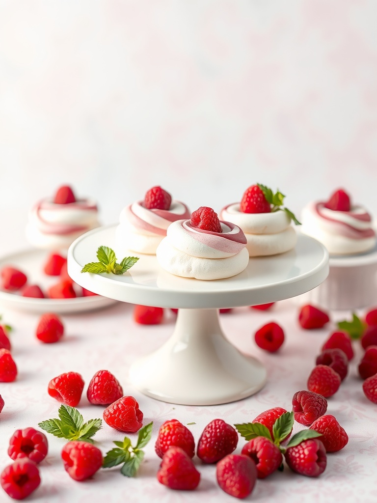 A plate of raspberry swirl mini pavlovas garnished with fresh raspberries and mint leaves.