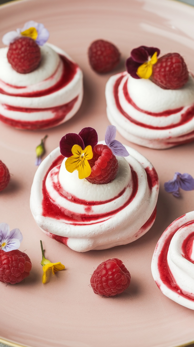 A plate of raspberry swirl mini pavlovas topped with edible flowers and fresh raspberries.