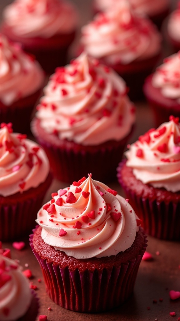 Delicious red velvet cupcakes topped with cream cheese frosting and heart-shaped sprinkles.
