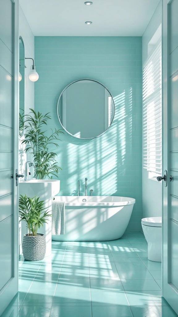 A serene and modern bathroom featuring aqua blue walls, a freestanding bathtub, and plants.