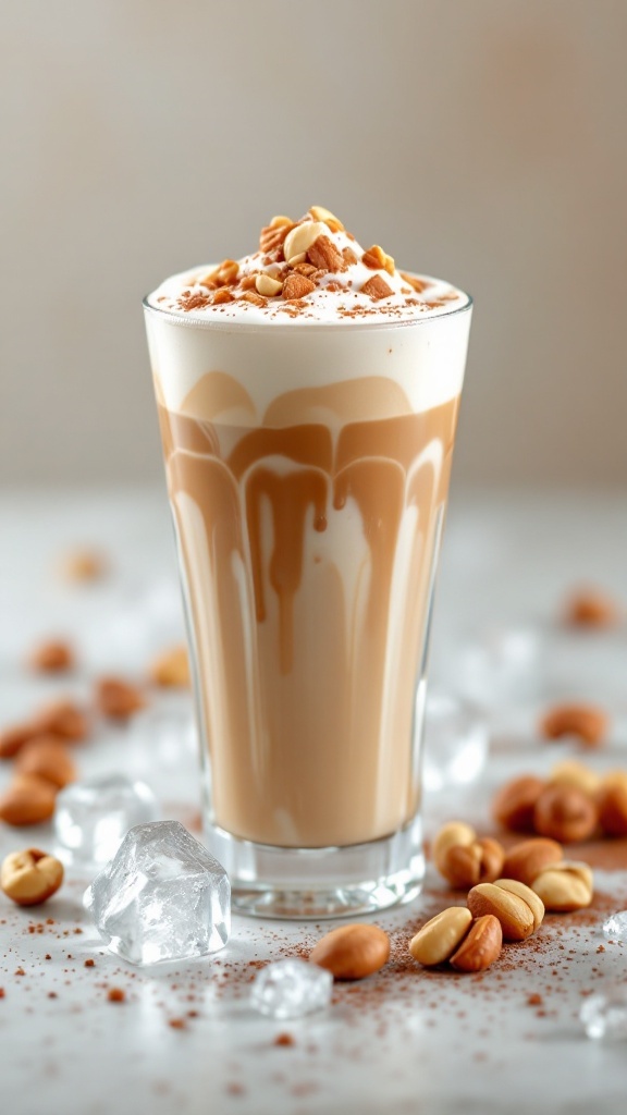 A glass of hazelnut iced latte topped with whipped cream and nuts, surrounded by ice and nuts.