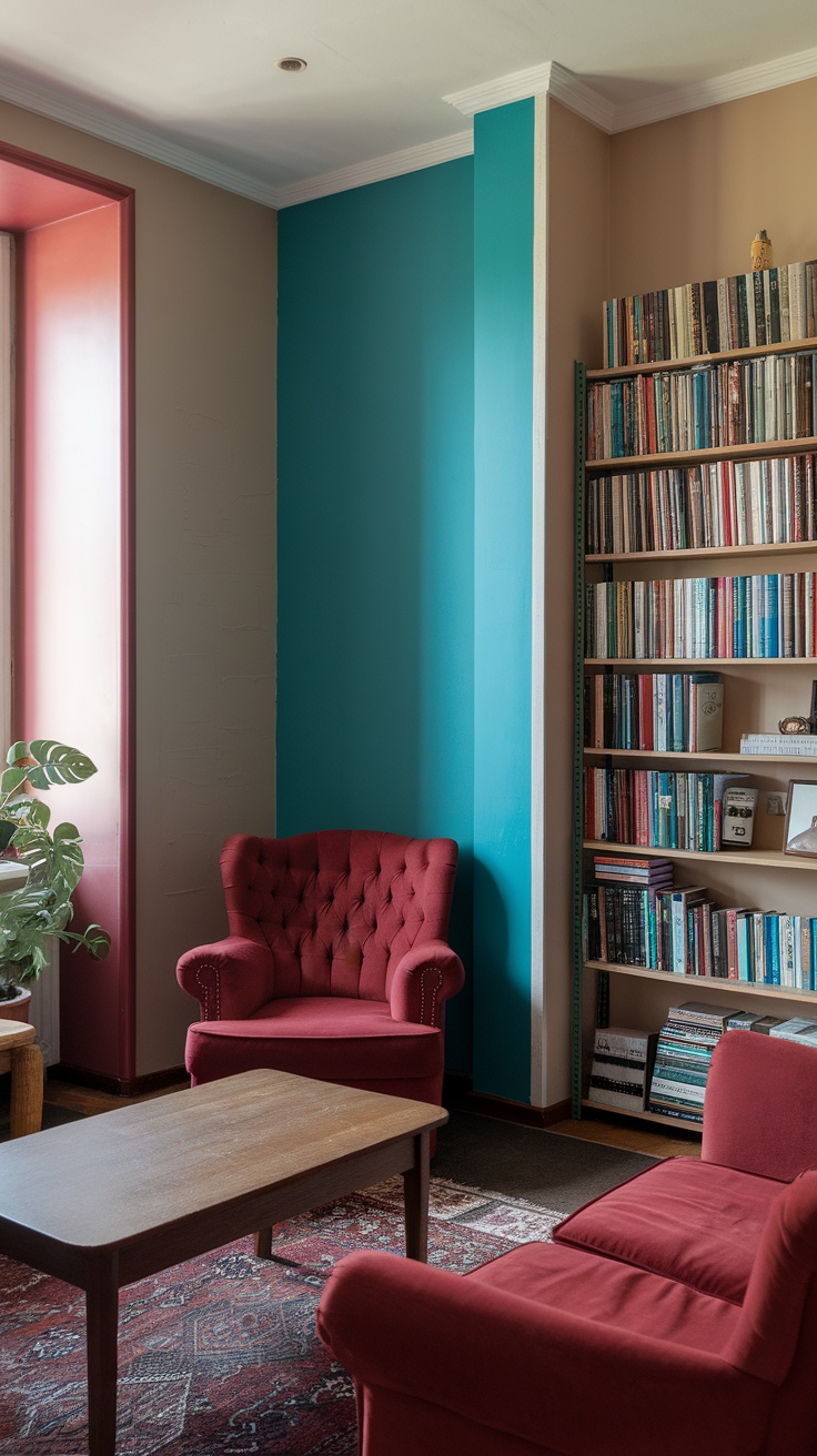 A cozy living room with a turquoise wall, red chairs, and a bookshelf filled with books.