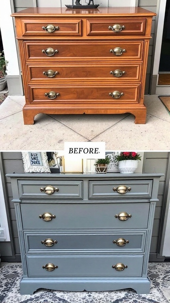 Before and after transformation of a wooden dresser from dated to modern gray with gold hardware