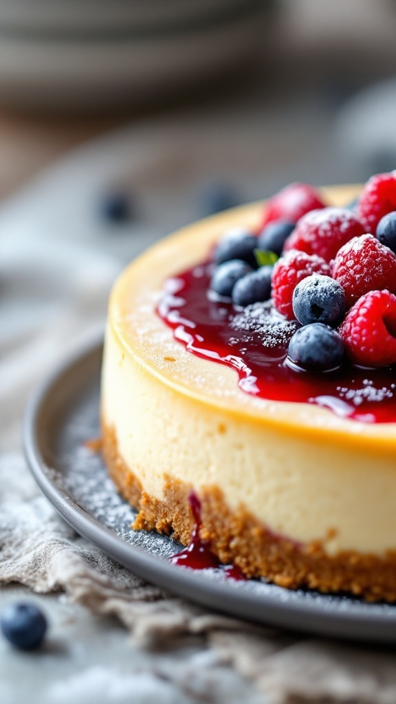 A rich creamy cheesecake topped with fresh raspberries and blueberries on a rustic wooden board.