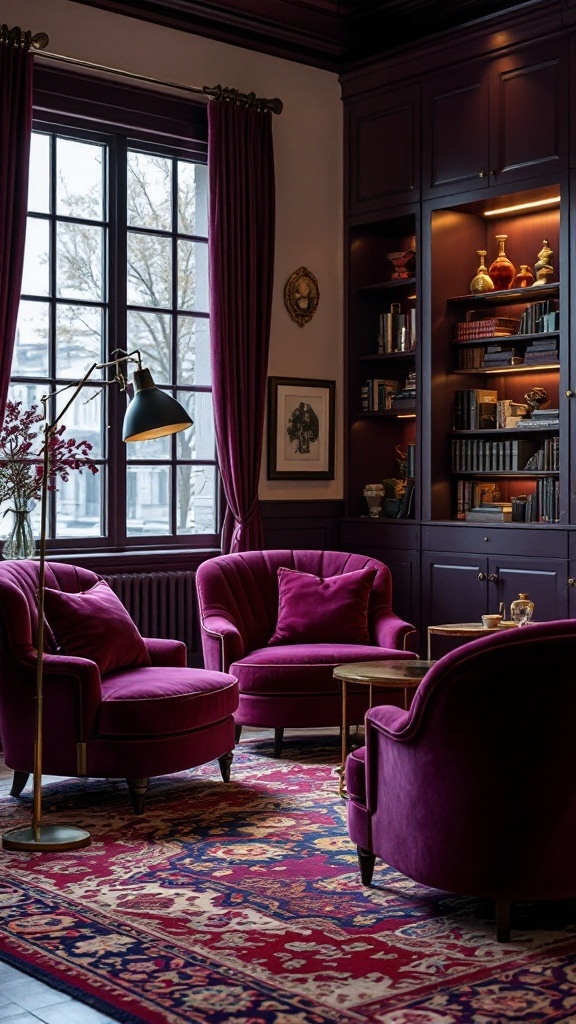 Cozy living room with rich plum accents including chairs and curtains, featuring a bookshelf and warm lighting.