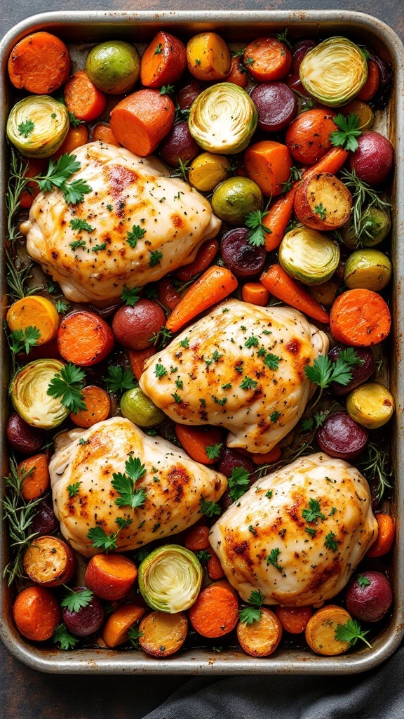 Roasted sheet pan chicken with colorful seasonal vegetables including carrots and Brussels sprouts.