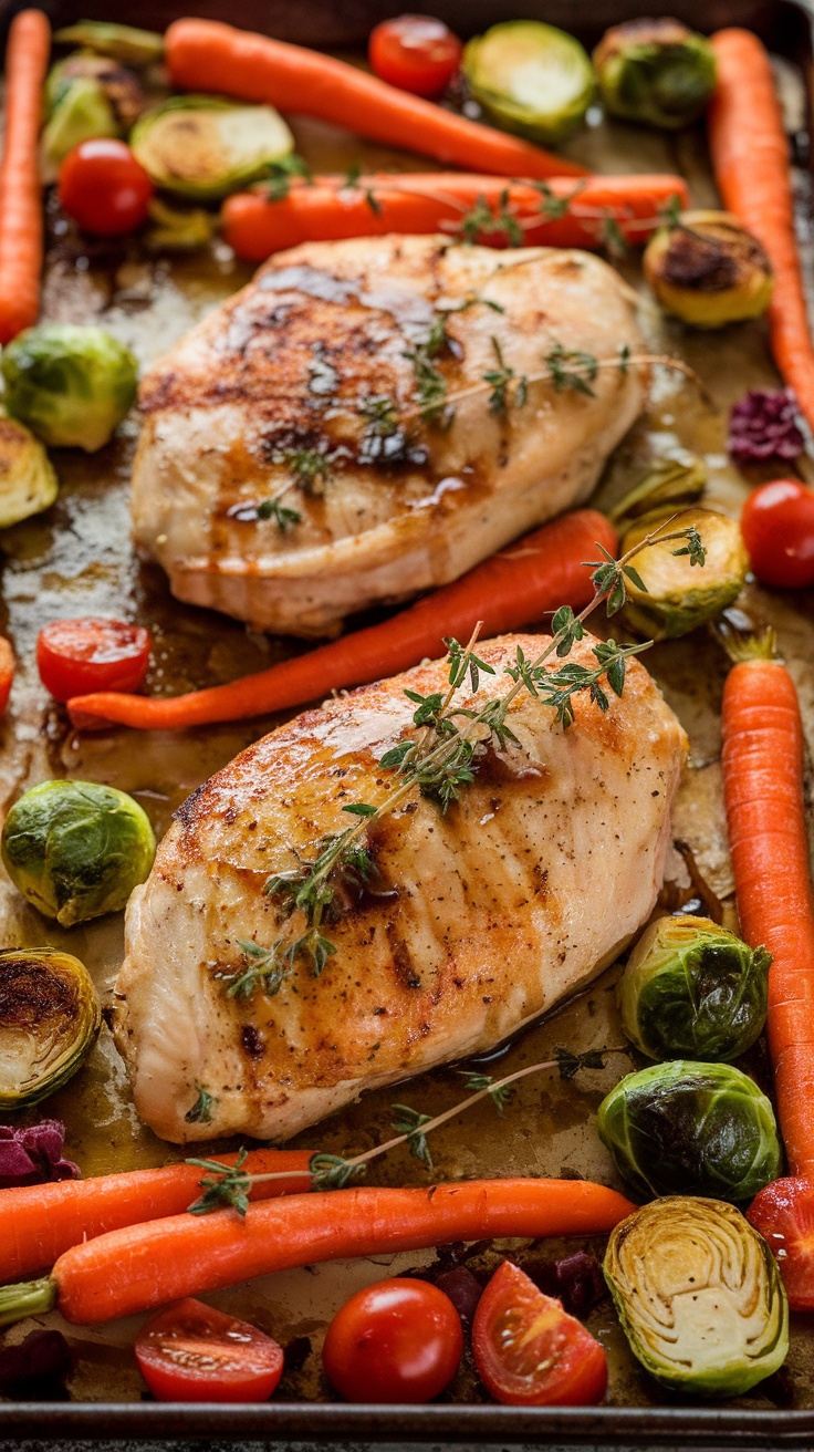 Roasted chicken breasts with seasonal vegetables including carrots, tomatoes, and Brussels sprouts on a sheet pan.