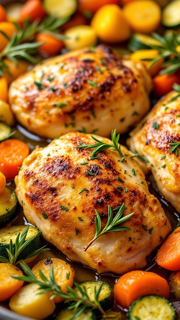 Roasted chicken breasts with carrots, zucchini, and tomatoes on a sheet pan.