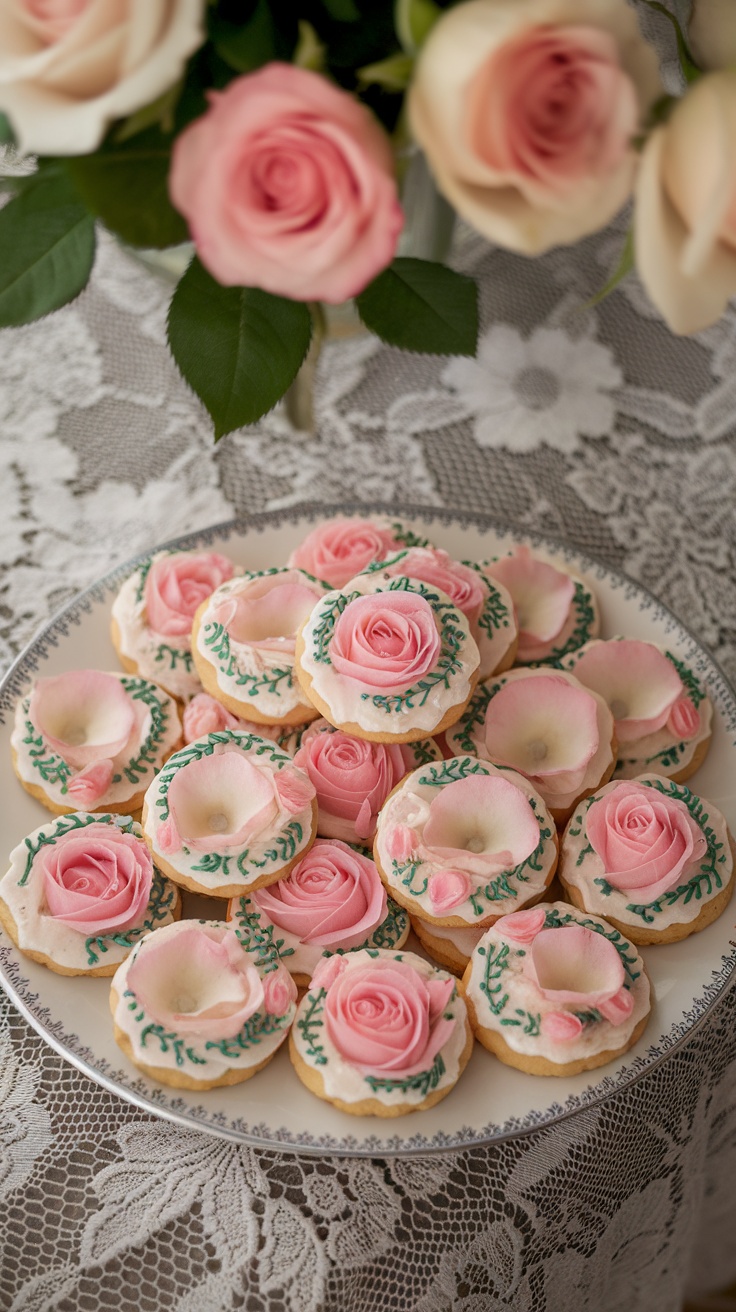 A plate of rose and petal decorated cookies, featuring pink roses and green leaves, set on a lace tablecloth.