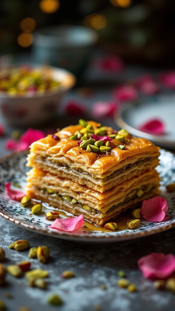 A plate of Rosewater Pistachio Baklava garnished with pistachios and rose petals.