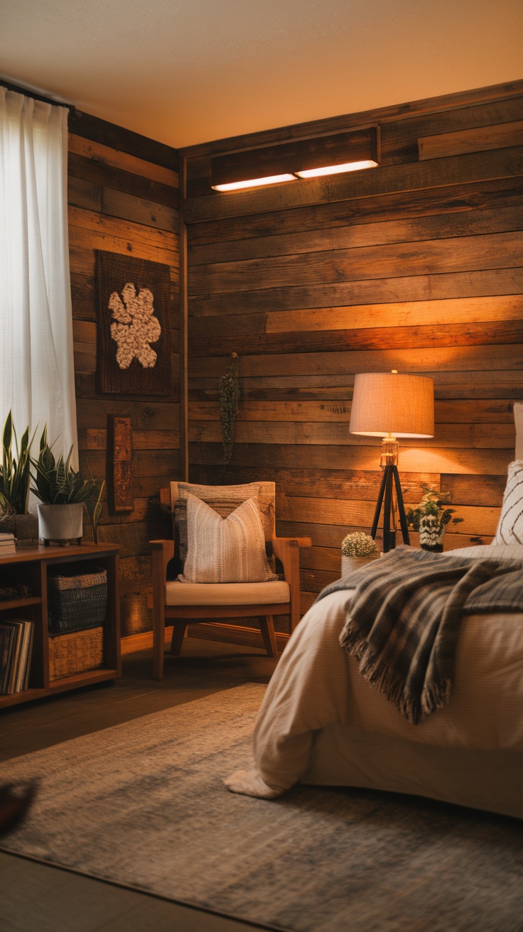 A cozy bedroom featuring rustic wood plank wall paneling, warm lighting, and comfortable furniture.