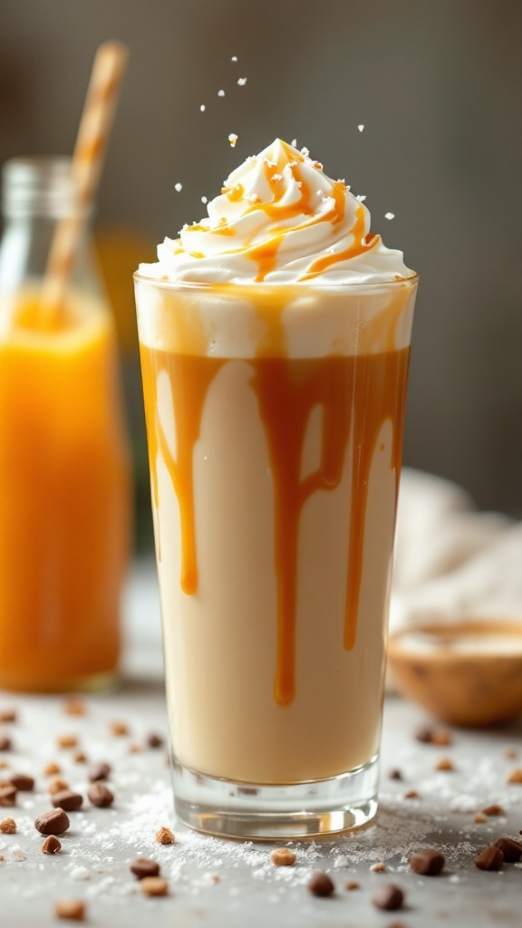 A glass of Salted Caramel Protein Cold Brew topped with whipped cream and caramel drizzle.