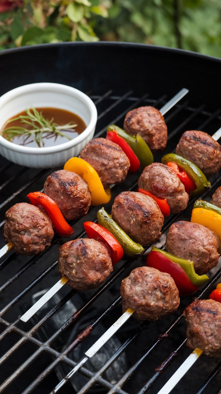 Grilled meatball skewers with colorful bell peppers and a dipping sauce on a grill.