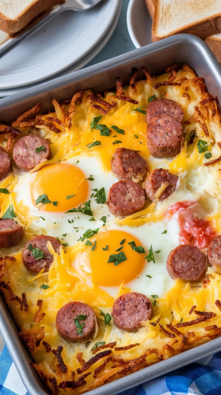 A delicious breakfast casserole with sausage, cheese, and egg, served with toast.