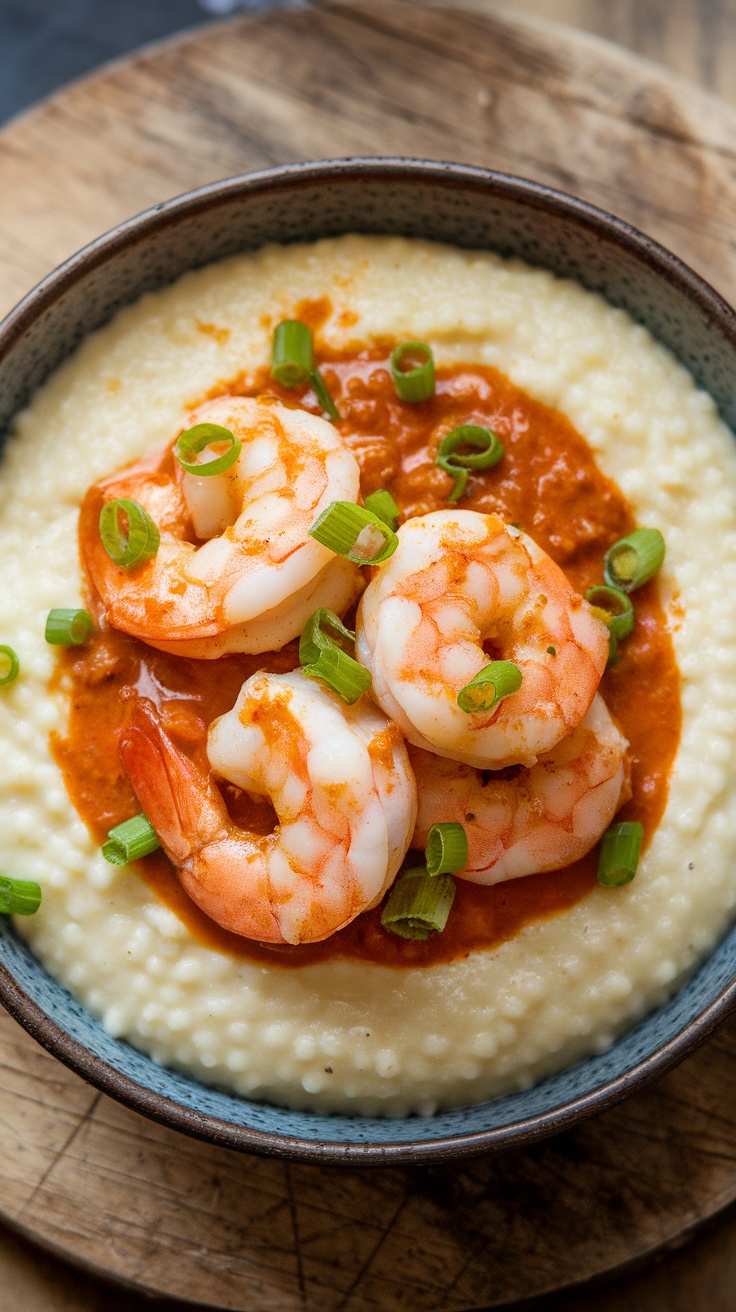 A bowl of shrimp and grits topped with spicy sauce and green onions.