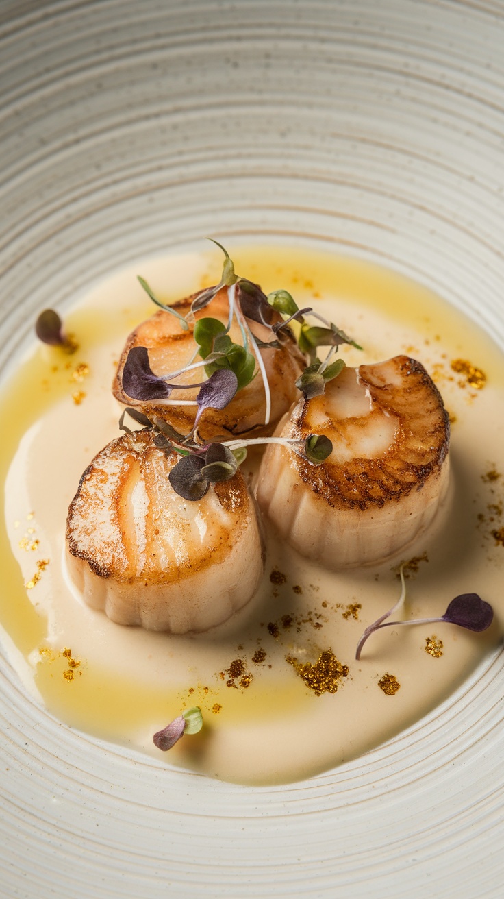 Seared scallops served with a champagne butter sauce and garnished with microgreens.