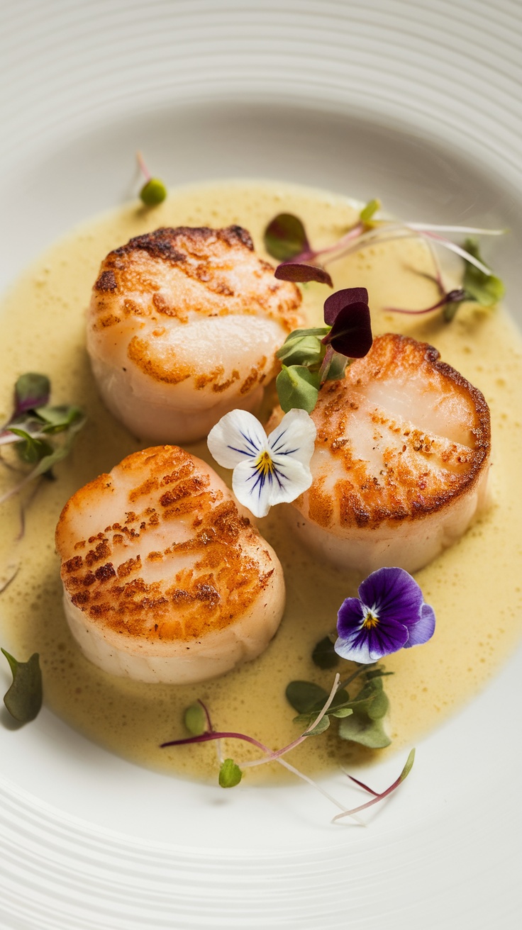 A plate of seared scallops garnished with flowers and herbs in a champagne butter sauce