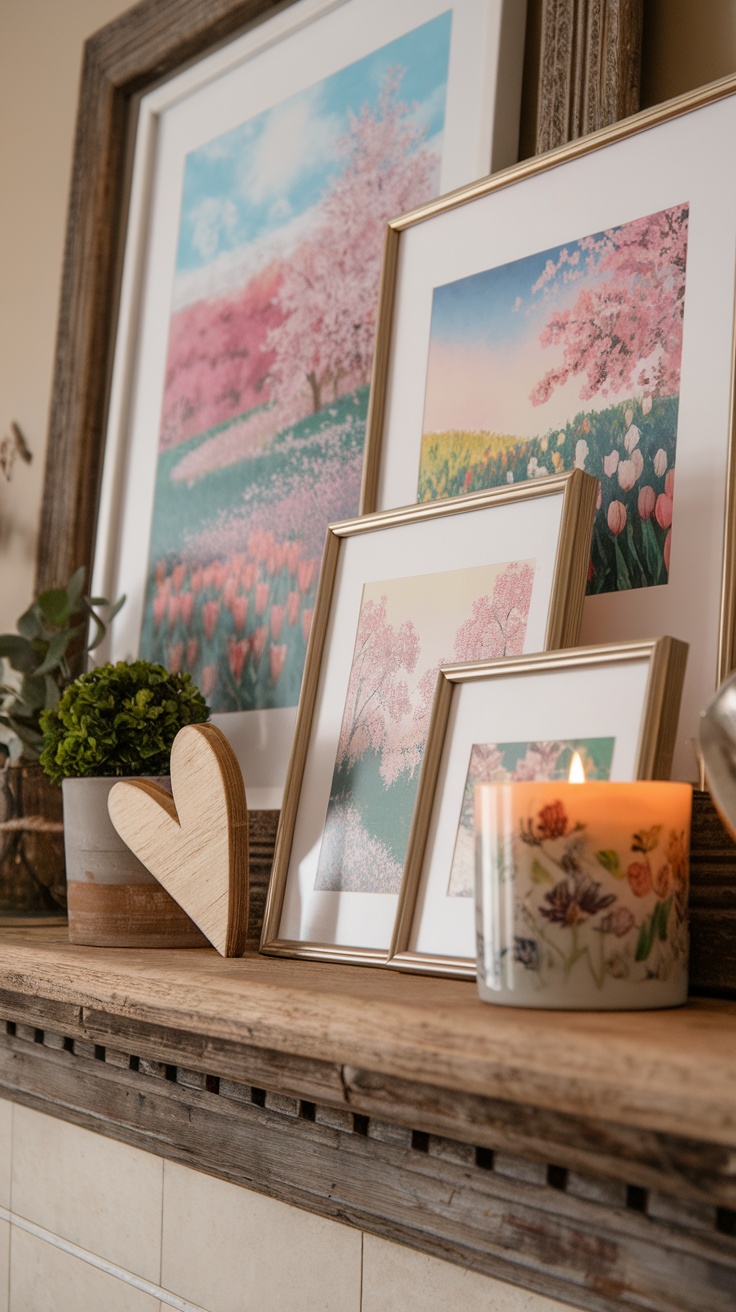 A beautifully styled mantel with seasonal artwork, featuring pastel prints of flowers, a wooden heart decoration, and a candle.
