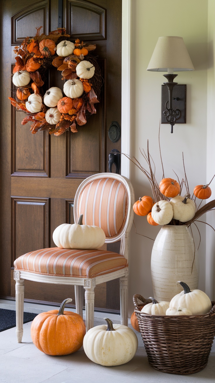 An inviting fall entryway featuring a wreath of pumpkins, a striped chair with a white pumpkin, and a decorative vase with branches and mini pumpkins.