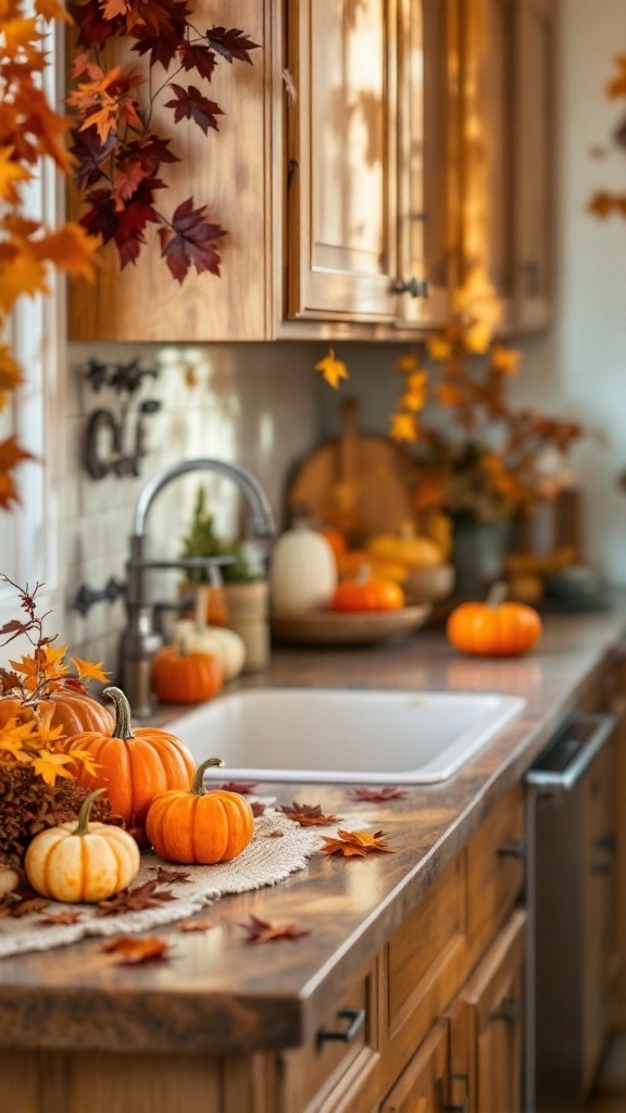 A cozy kitchen countertop decorated for autumn with pumpkins, colorful leaves, and a rustic runner.