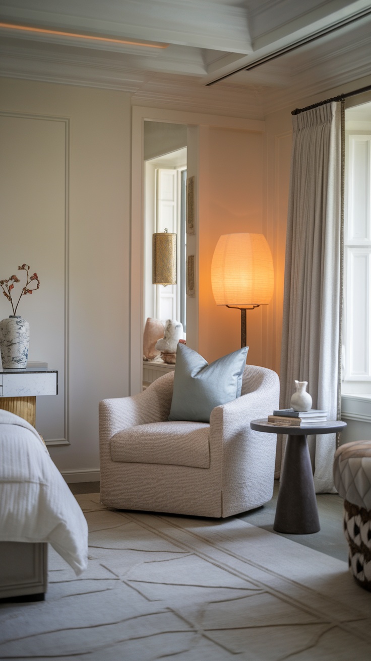 A cozy reading nook in a bedroom featuring a soft chair, a lamp, and a side table with books.