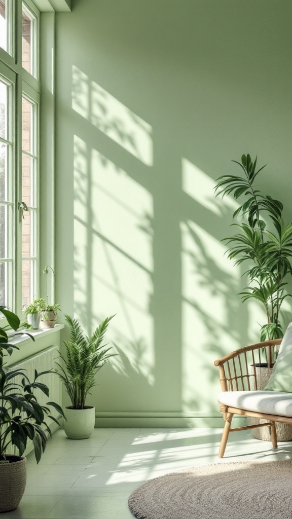 A serene room with sage green walls, sunlight filtering through windows, and potted plants.