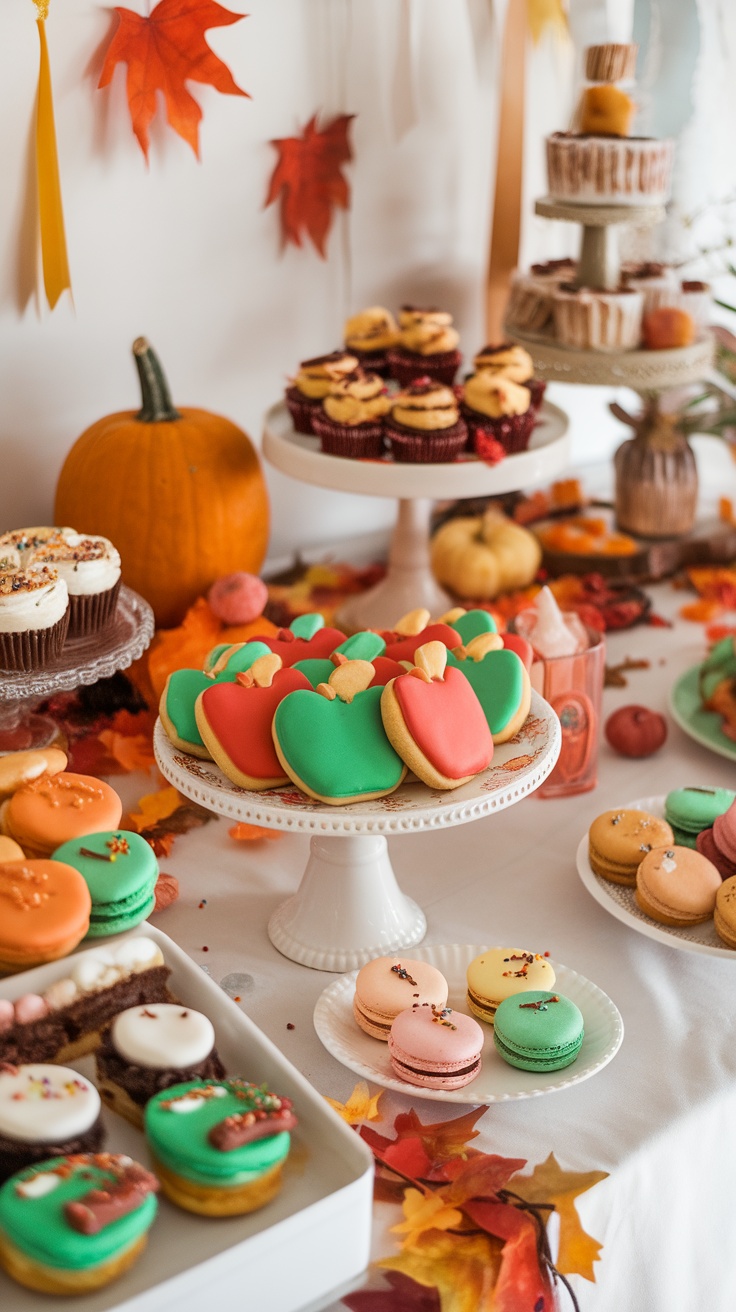 A festive display of candy apple cookies and other autumn treats on tables decorated for a party.