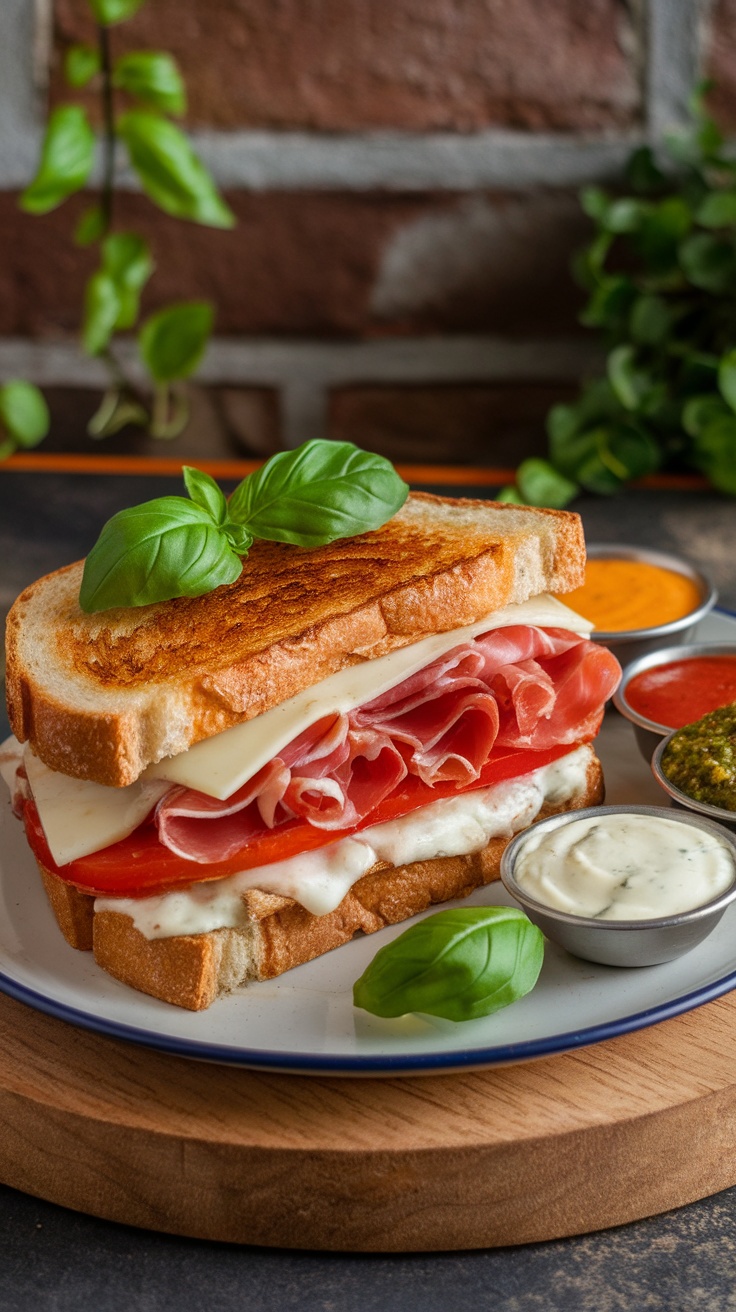 Toasted Italian sandwich with prosciutto, mozzarella, and tomato, garnished with basil and served with dipping sauces.
