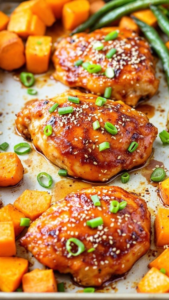 Sheet Pan Sticky Apricot Chicken with sweet potatoes and green beans