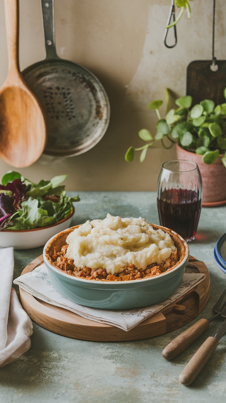 A delicious serving of Shepherd's Pie topped with creamy cauliflower mash.