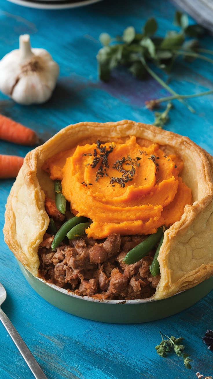 A hearty Shepherd's Pie topped with vibrant sweet potato mash, displaying a golden crust and colorful vegetables.