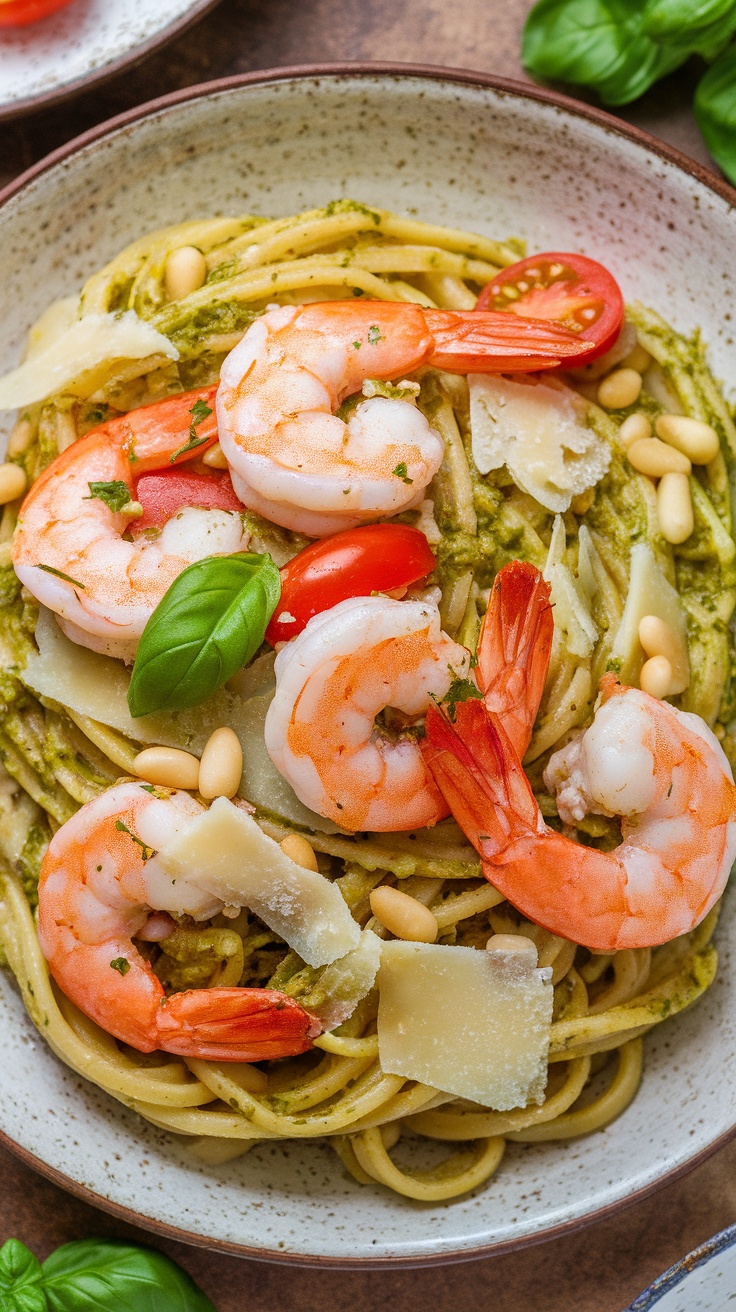 A delicious plate of pesto shrimp linguine garnished with shrimp, cherry tomatoes, and basil.