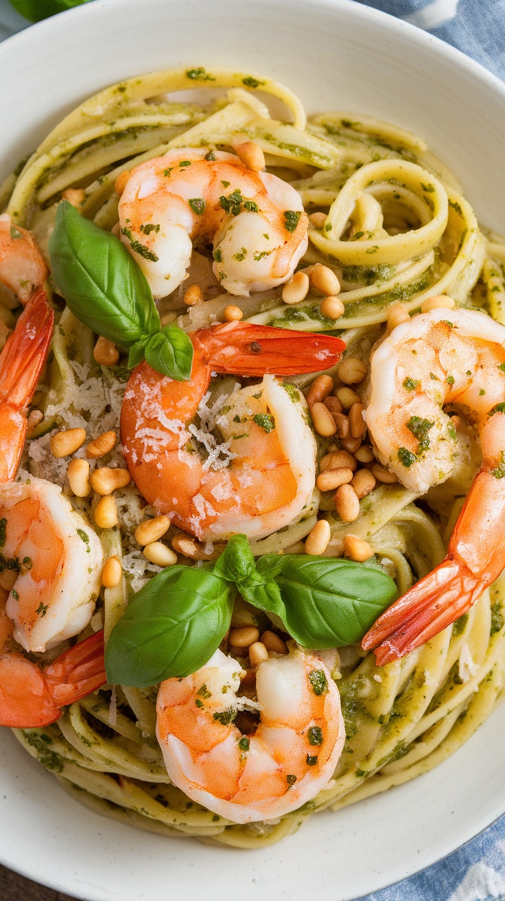 A plate of shrimp and linguine pasta topped with pesto and pine nuts