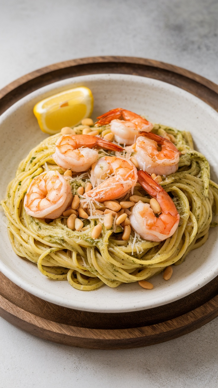 A plate of shrimp linguine topped with pesto and pine nuts, garnished with a slice of lemon.