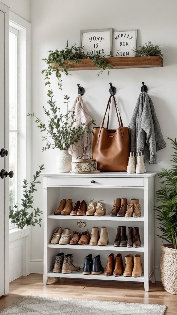 A stylish entryway organizer featuring a white shoe cabinet, wooden shelf with decor, and hooks for bags and jackets.
