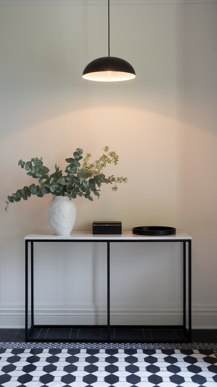 A sleek minimalist console table with a marble top, black frame, and decorative vase with greenery, set against a neutral wall.