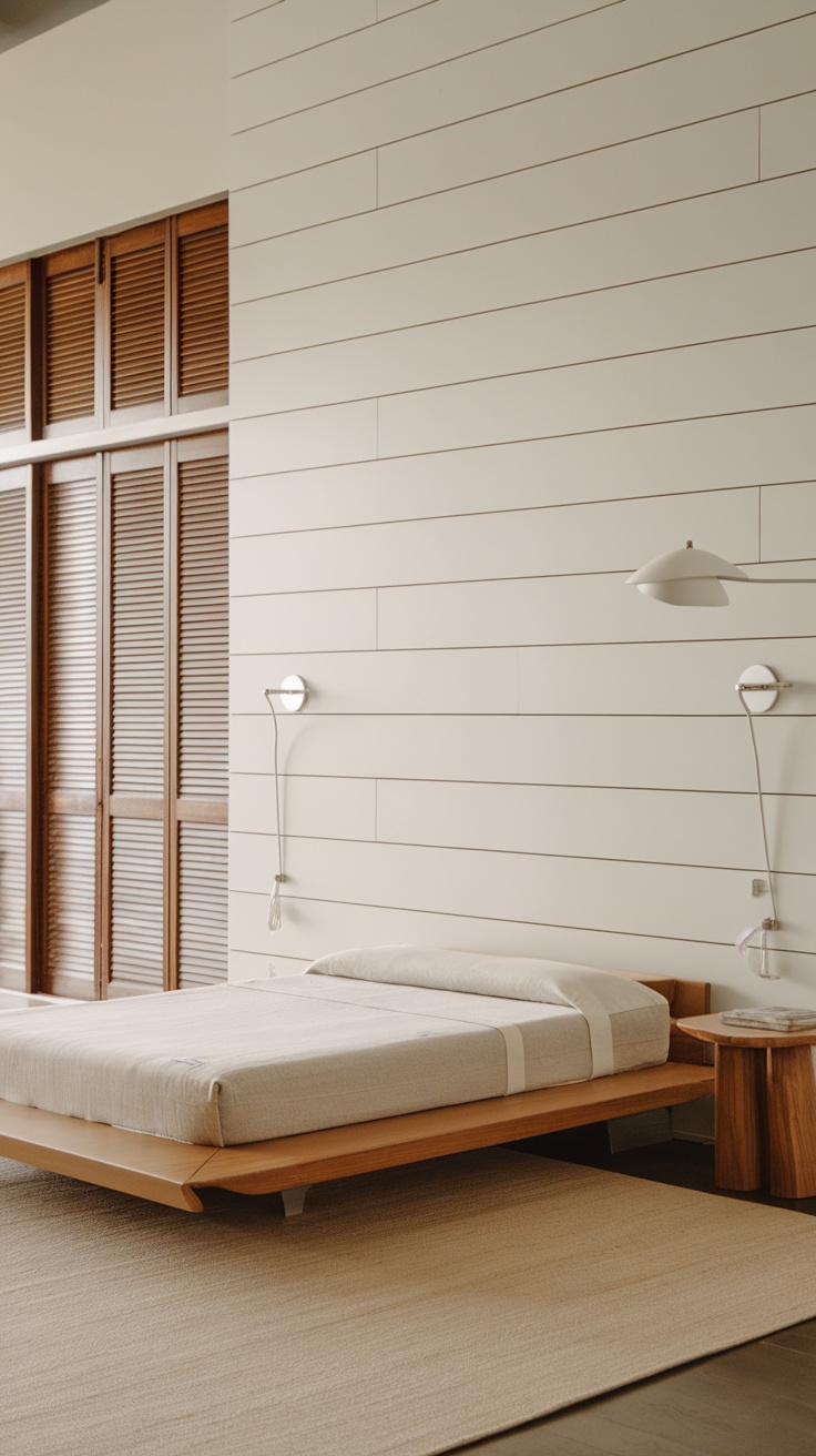 A modern bedroom featuring sleek shiplap wall paneling with wooden furniture