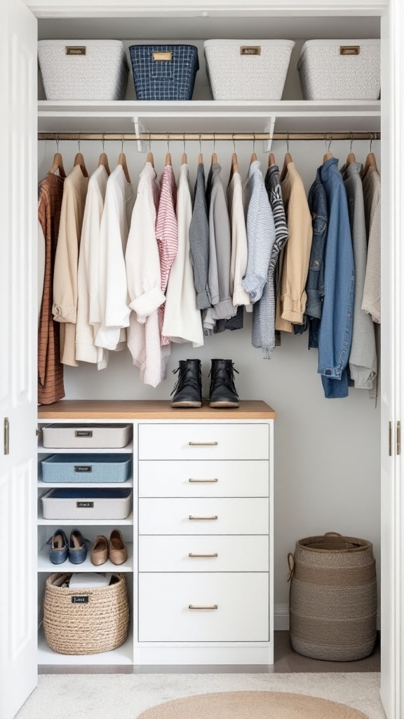 A well-organized closet showcasing clothes on hangers, storage boxes, and shoes.